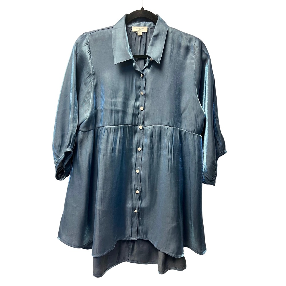 Umgee S Blue Satin Tiered Mermaid Tunic Dress Shimmer Babydoll Party Metallic